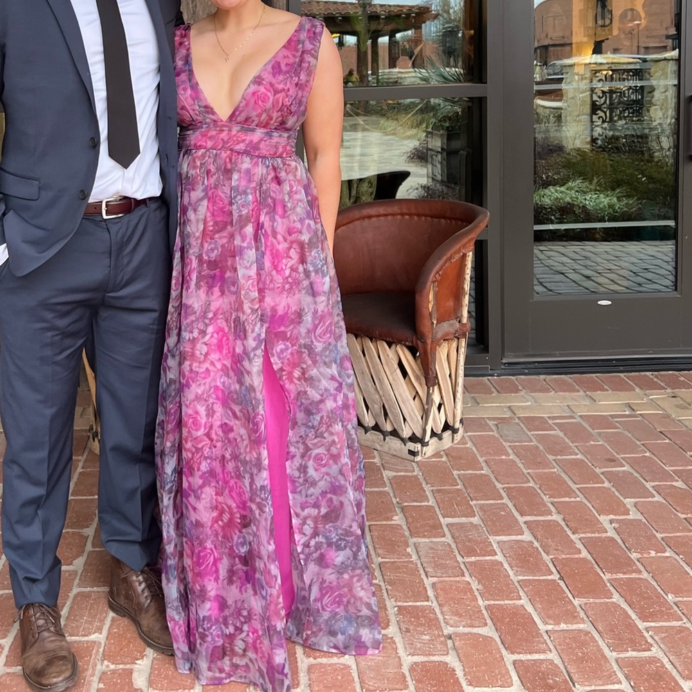 Lulus Garden Romance Magenta Floral Print Organza Maxi Dress